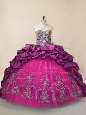 Customized Purple Sleeveless Brush Train Beading and Pick Ups Vestidos de Quinceanera