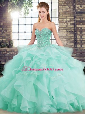 Fantastic Apple Green Ball Gowns Beading and Ruffles Sweet 16 Dress Lace Up Tulle Sleeveless
