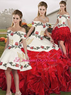 White And Red Lace Up Off The Shoulder Embroidery and Ruffles Quinceanera Gown Organza Sleeveless