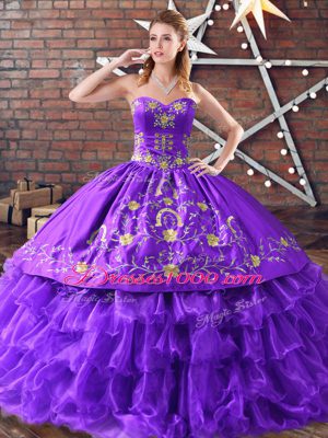 Purple Satin and Organza Lace Up Sweet 16 Dresses Sleeveless Floor Length Embroidery