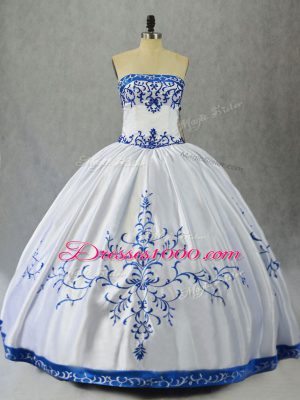 Edgy Blue And White Ball Gowns Satin Strapless Sleeveless Embroidery Floor Length Lace Up Ball Gown Prom Dress