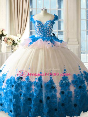 Blue And White Sleeveless Hand Made Flower Zipper Quinceanera Dress