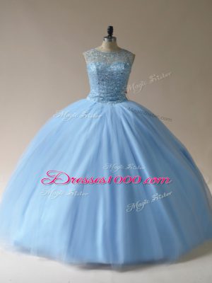 Ball Gowns Quinceanera Gown Light Blue Scoop Tulle Sleeveless Floor Length Lace Up
