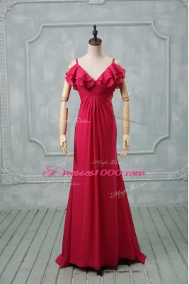 Zipper Evening Outfits Hot Pink for Prom and Party and Military Ball with Ruching Brush Train