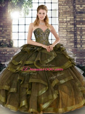 Tulle Sweetheart Sleeveless Lace Up Beading and Ruffles Quinceanera Gown in Olive Green