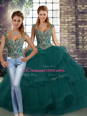 Peacock Green Straps Neckline Beading and Ruffles Quinceanera Dresses Sleeveless Lace Up