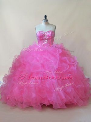 Decent Rose Pink Ball Gowns Tulle Sweetheart Sleeveless Beading and Ruffles Floor Length Lace Up 15 Quinceanera Dress