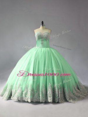 Eye-catching Apple Green Tulle Lace Up Sweetheart Sleeveless Sweet 16 Dress Court Train Appliques