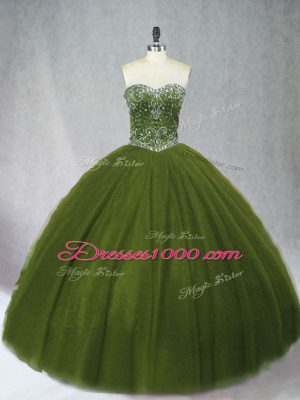 Edgy Olive Green Tulle Lace Up Sweetheart Sleeveless Floor Length Quinceanera Dresses Beading