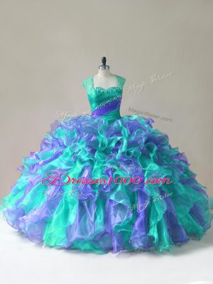 Custom Design Organza Straps Sleeveless Zipper Beading and Ruffles Sweet 16 Quinceanera Dress in Multi-color