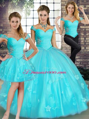 Glorious Sleeveless Floor Length Beading and Appliques Lace Up Quinceanera Gowns with Aqua Blue