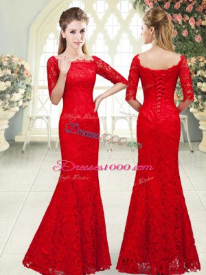 Floor Length Red Homecoming Dress Lace 3 4 Length Sleeve Beading