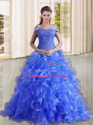 Custom Made Organza Off The Shoulder Sleeveless Sweep Train Lace Up Beading and Lace and Ruffles Vestidos de Quinceanera in Blue