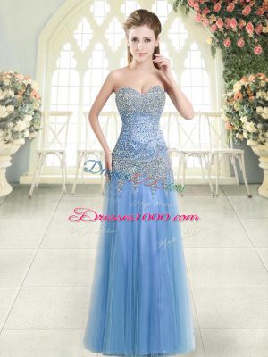 Blue Tulle Zipper Sweetheart Sleeveless Floor Length Evening Dresses Beading