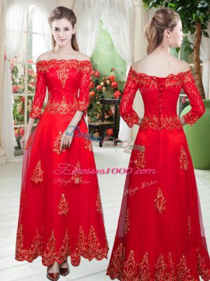 Trendy Red Prom Dress Prom and Party and Wedding Party with Lace and Appliques Off The Shoulder 3 4 Length Sleeve