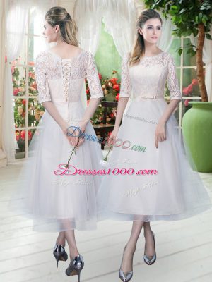 Low Price Tea Length White Prom Evening Gown Tulle Half Sleeves Lace