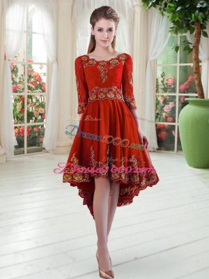 High Quality High Low Red Prom Dress Scoop Long Sleeves Lace Up