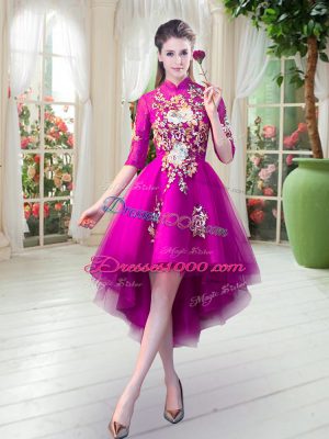 Fuchsia Prom Party Dress Prom and Party with Appliques High-neck Half Sleeves Zipper