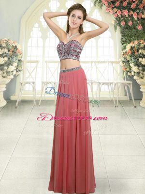 Superior Sweetheart Sleeveless Prom Dresses Floor Length Beading Watermelon Red Chiffon