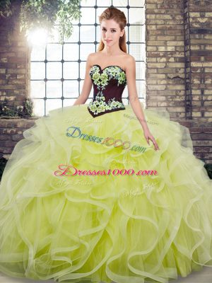 Embroidery and Ruffles Sweet 16 Dress Yellow Green Lace Up Sleeveless Sweep Train