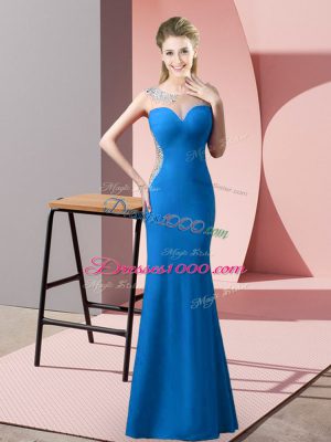 Sleeveless Satin Floor Length Zipper Juniors Evening Dress in Blue with Beading