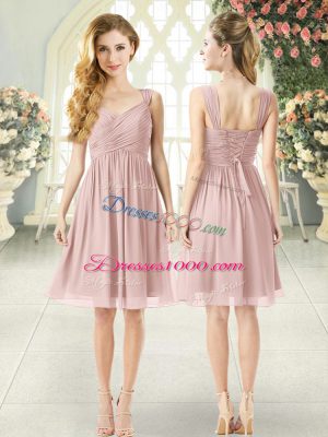 Pretty Straps Sleeveless Homecoming Dress Knee Length Ruching Pink Chiffon