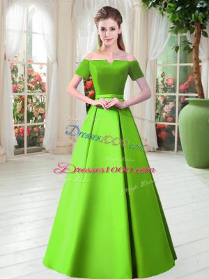 Admirable A-line Belt Prom Dresses Lace Up Satin Short Sleeves Floor Length