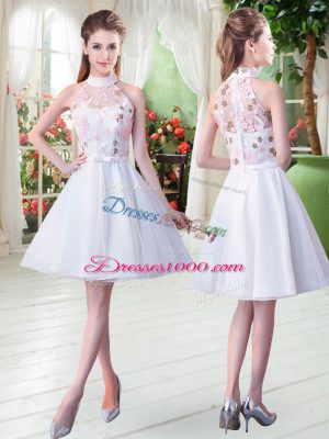 Colorful White A-line High-neck Sleeveless Tulle Knee Length Zipper Appliques Dress for Prom