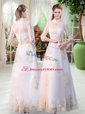 Tulle High-neck 3 4 Length Sleeve Zipper Appliques Formal Evening Gowns in White