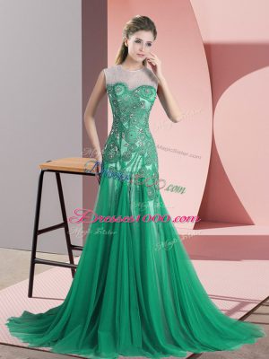 Unique Green Sleeveless Sweep Train Beading and Appliques Prom Gown