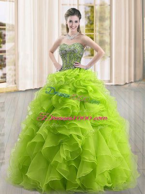 Clearance Yellow Green Organza Lace Up Sweetheart Sleeveless Floor Length Sweet 16 Dresses Beading and Ruffles