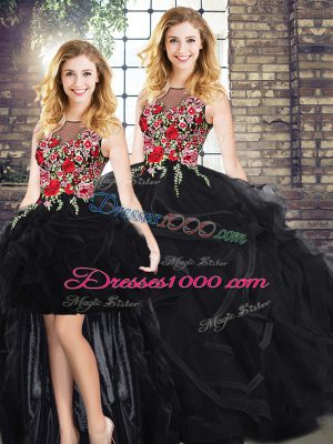 Black Zipper Quince Ball Gowns Embroidery and Ruffles Sleeveless Floor Length