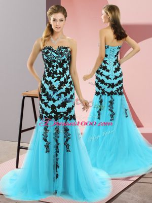 Sweep Train Mermaid Aqua Blue Sweetheart Tulle Sleeveless Lace Up