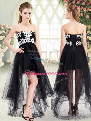 Black Sleeveless High Low Appliques Lace Up Prom Dress