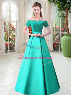 Glittering Turquoise A-line Off The Shoulder Short Sleeves Satin Floor Length Lace Up Belt Evening Party Dresses