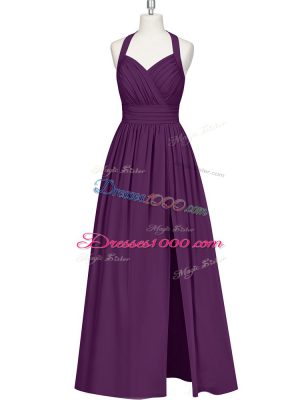 Eggplant Purple Chiffon Zipper Dress for Prom Sleeveless Floor Length Ruching