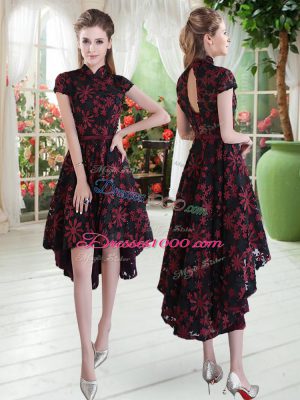 Elegant Short Sleeves Lace High Low Zipper Prom Evening Gown in Red And Black with Appliques