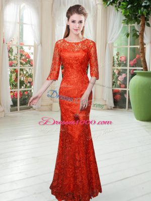 Orange Red Zipper Scoop Half Sleeves Floor Length Evening Dress Lace