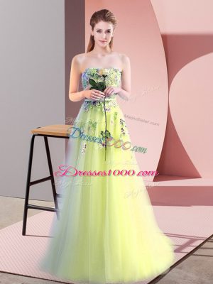 Floor Length Yellow Green Prom Dress Tulle Sleeveless Appliques