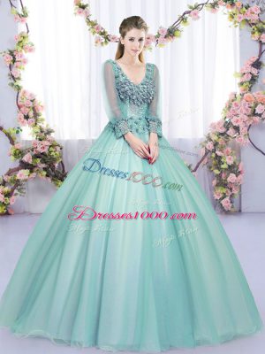 Modest Apple Green Ball Gowns Lace and Appliques Quinceanera Gown Lace Up Tulle Long Sleeves Floor Length