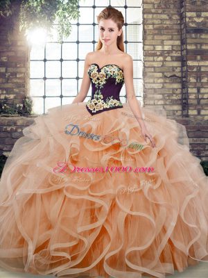 Low Price Peach Tulle Lace Up Quince Ball Gowns Sleeveless Sweep Train Embroidery and Ruffles