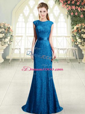 Stunning Blue Scoop Cap Sleeves Sweep Train Backless