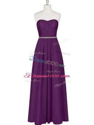 High Class Sweetheart Sleeveless Evening Wear Floor Length Beading Purple Chiffon