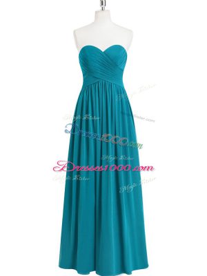 Teal A-line Chiffon Sweetheart Sleeveless Ruching Floor Length Zipper Prom Dress