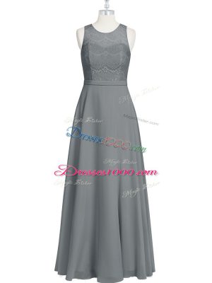 New Arrival Lace and Appliques and Belt Prom Dresses Grey Zipper Sleeveless Floor Length