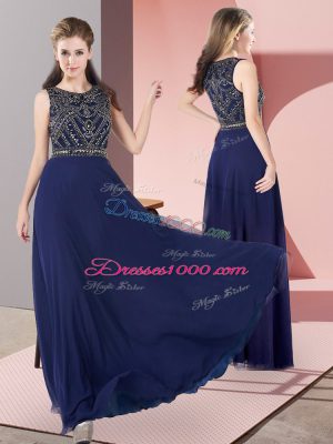 Navy Blue Scoop Neckline Beading Prom Dresses Sleeveless Zipper