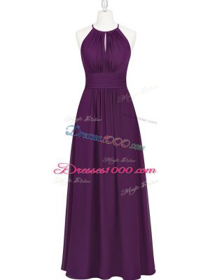 Purple Empire Chiffon Halter Top Sleeveless Ruching Floor Length Prom Dress