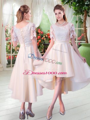 Cute High Low Champagne Dress for Prom Scoop Short Sleeves Lace Up