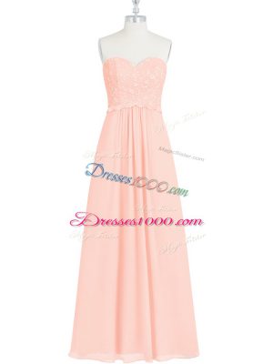 Floor Length Pink Evening Gowns Chiffon Sleeveless Lace and Appliques