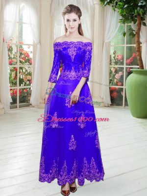 Floor Length Purple Prom Party Dress Off The Shoulder 3 4 Length Sleeve Lace Up